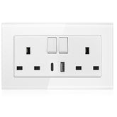 13A 2-Gang Switched Socket with 2 Outlet USB Type A & Type C - Tempered Glass - Silver Bezel
